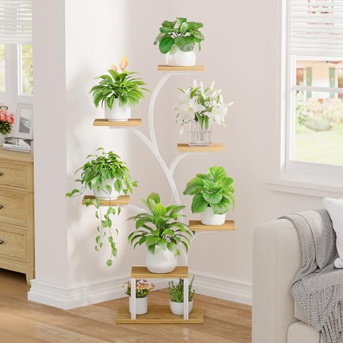 BACEKOLL Plant Stand Indoor with Grow Lights, 7 Tiered Indoor Plant Shelf, 49" Corner Plant Stands for Indoor Plants, Metal Plant Flower Display Shelf, Tree-Shaped Plant Rack for Home, Patio, Natural - Image 4