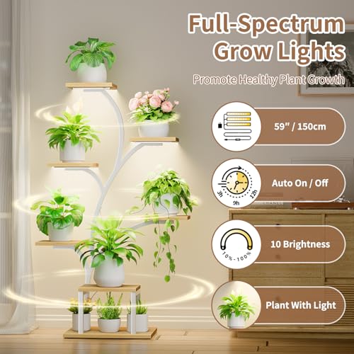 BACEKOLL Plant Stand Indoor with Grow Lights, 7 Tiered Indoor Plant Shelf, 49" Corner Plant Stands for Indoor Plants, Metal Plant Flower Display Shelf, Tree-Shaped Plant Rack for Home, Patio, Natural - Image 3