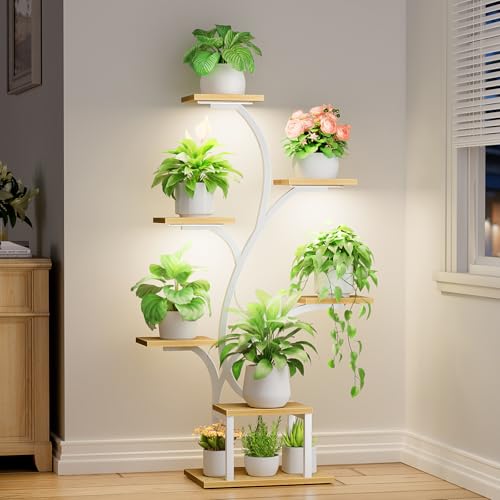 BACEKOLL Plant Stand Indoor with Grow Lights, 7 Tiered Indoor Plant Shelf, 49" Corner Plant Stands for Indoor Plants, Metal Plant Flower Display Shelf, Tree-Shaped Plant Rack for Home, Patio, Natural - Image 1