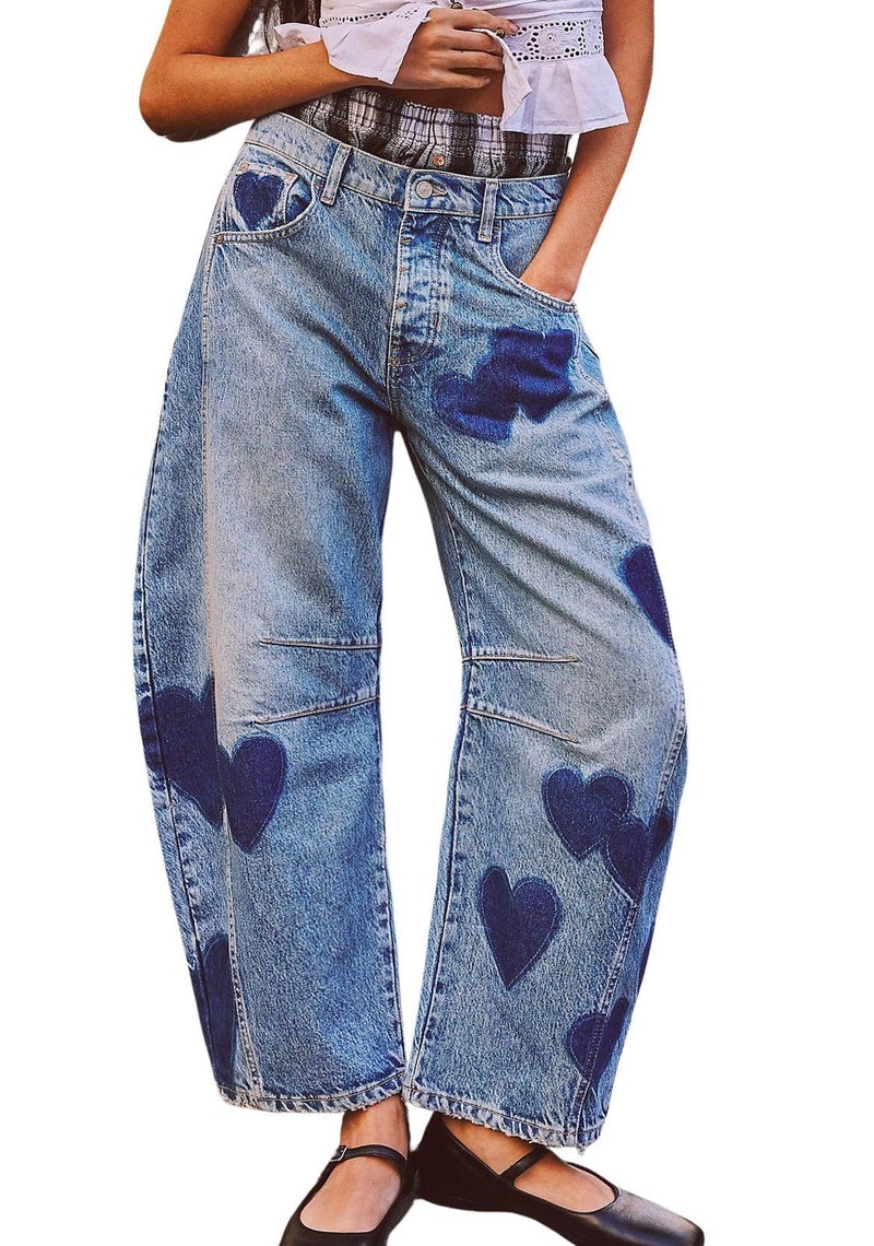 CHARTOU Y2k Barrel Jeans Women Wide Leg Baggy Distressed Printed Boyfriend Horseshoe Jeans Denim Pants (Medium,Blue) - Image 1
