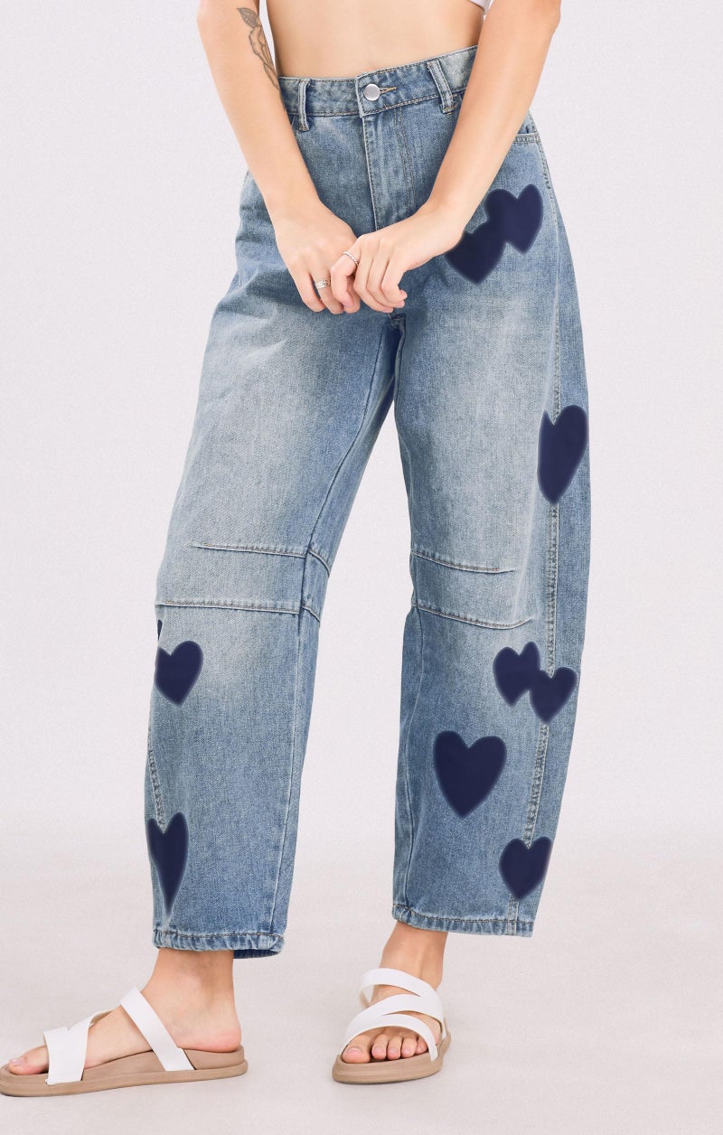 CHARTOU Y2k Barrel Jeans Women Wide Leg Baggy Distressed Printed Boyfriend Horseshoe Jeans Denim Pants (Medium,Blue) - Image 4