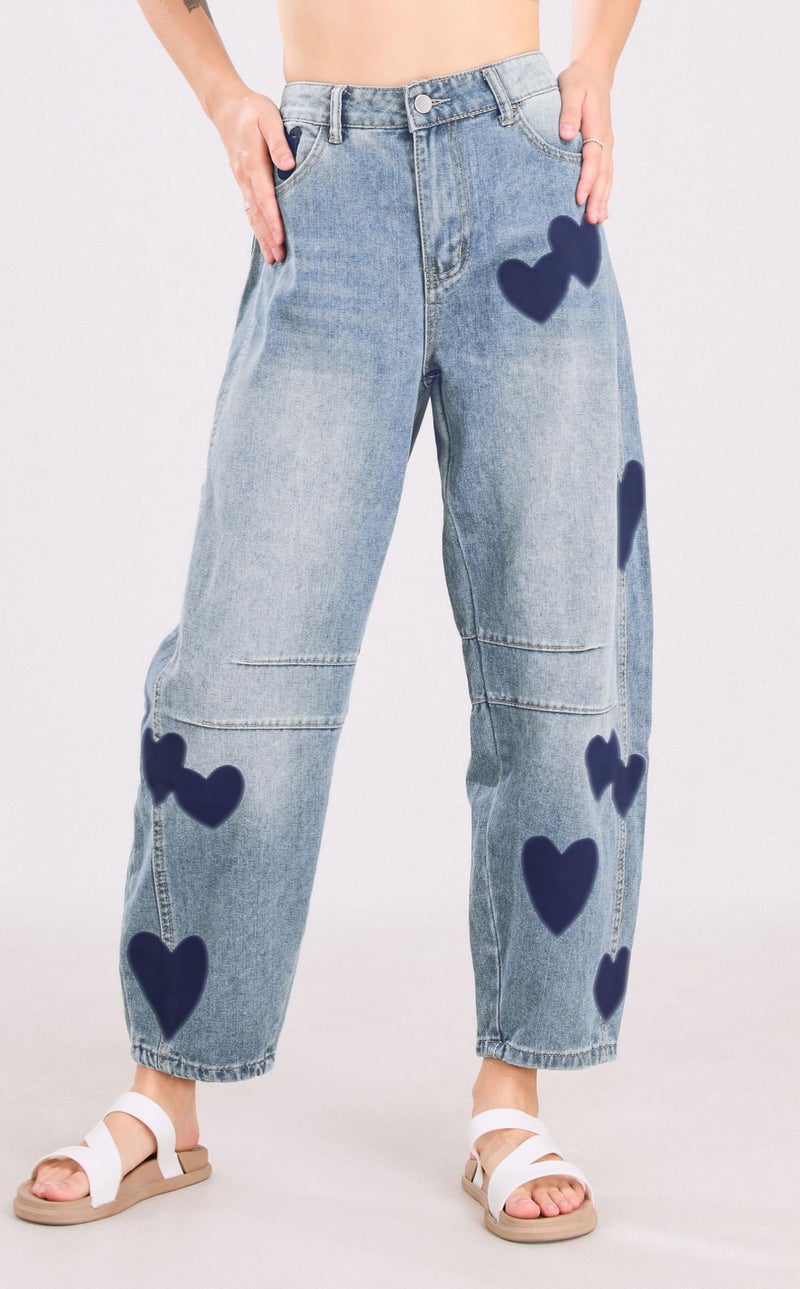 CHARTOU Y2k Barrel Jeans Women Wide Leg Baggy Distressed Printed Boyfriend Horseshoe Jeans Denim Pants (Medium,Blue) - Image 3