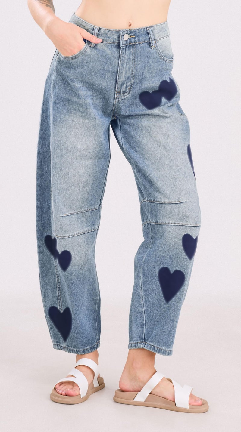CHARTOU Y2k Barrel Jeans Women Wide Leg Baggy Distressed Printed Boyfriend Horseshoe Jeans Denim Pants (Medium,Blue) - Image 5