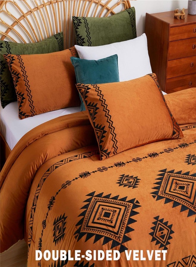 Cmfshape Luxurious Velvet Comforter Set Double-Sided,Bohemian Embroidered Burnt Orange Bedding,Ultra Soft Lightweight 3-Piece Set,Queen 90"x90" - Image 3