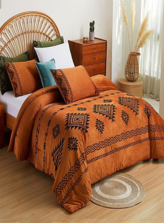 Cmfshape Luxurious Velvet Comforter Set Double-Sided,Bohemian Embroidered Burnt Orange Bedding,Ultra Soft Lightweight 3-Piece Set,Queen 90"x90" - Image 1