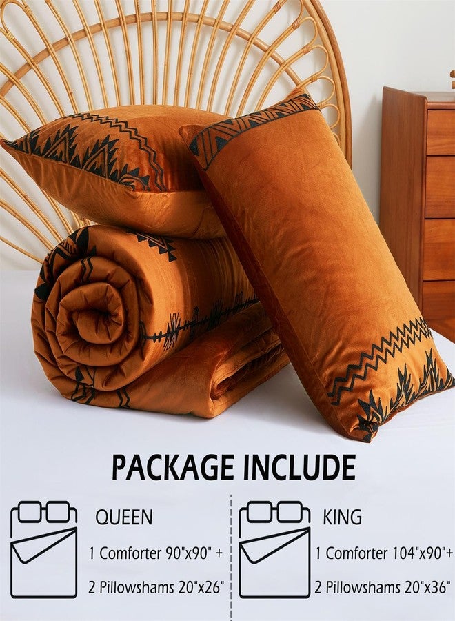Cmfshape Luxurious Velvet Comforter Set Double-Sided,Bohemian Embroidered Burnt Orange Bedding,Ultra Soft Lightweight 3-Piece Set,Queen 90"x90" - Image 5
