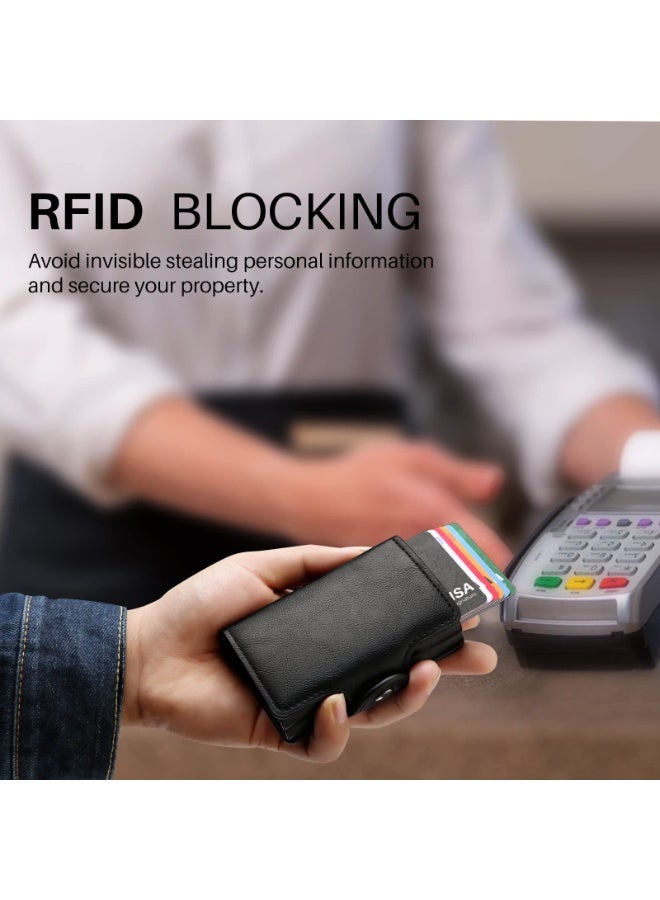 Peachjoy محفظة للرجال حاملة بطاقات الائتمان، محفظة تلقائية تخرج مع RFID، علبة بطاقات جلدية رفيعة لحقيبة الجيب مضادة للسرقة، محافظ سفر رقيقة، منظم أموال معدني يحمل حتى 14 بطاقة + نقد (أسود) - Image 3