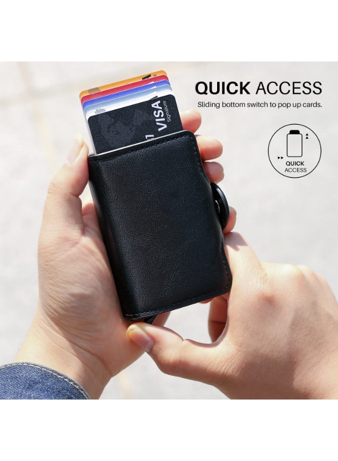 Peachjoy محفظة للرجال حاملة بطاقات الائتمان، محفظة تلقائية تخرج مع RFID، علبة بطاقات جلدية رفيعة لحقيبة الجيب مضادة للسرقة، محافظ سفر رقيقة، منظم أموال معدني يحمل حتى 14 بطاقة + نقد (أسود) - Image 2