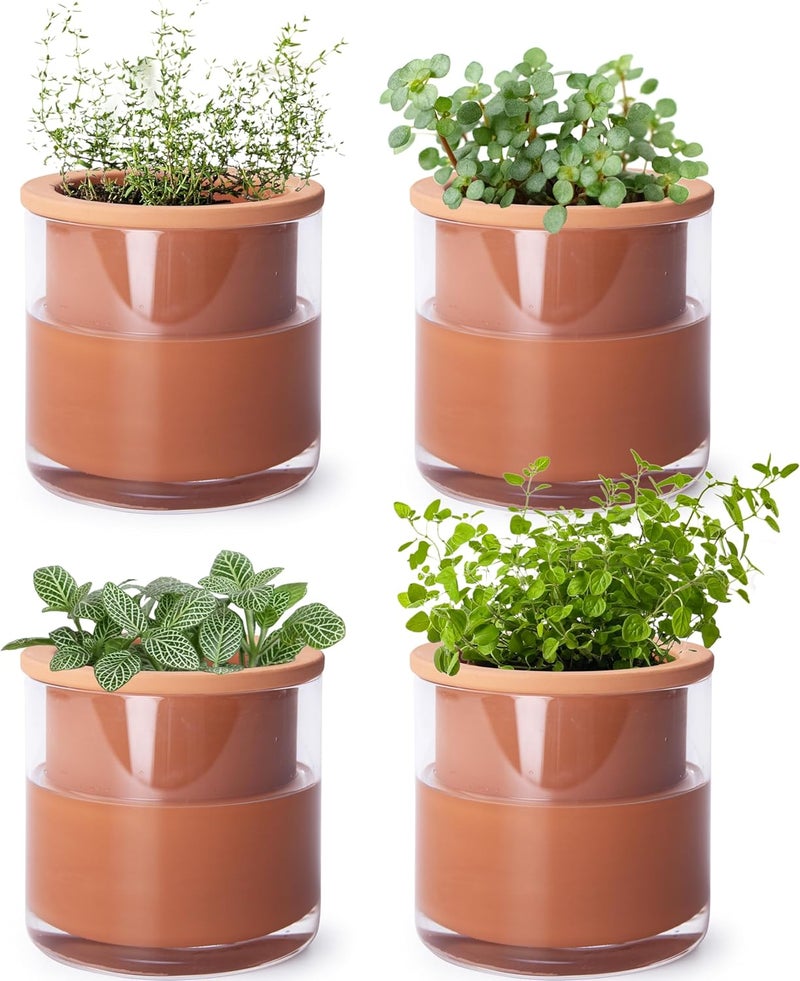 Phoenix Vine 4 Inch Self Watering Plants Pot, Design Terracotta Pot for Plants, Indoor Cylinder Terra Cotta Planter with Glass Vase, Set of 4, 51-A-E-4 - Image 1