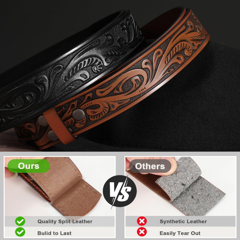 SANSTHS 2 Pack Western Belts for Men without Buckle, Cowboy Belt for Buckle Western Leather Belt Straps for Jeans, Black & Brown - Image 3