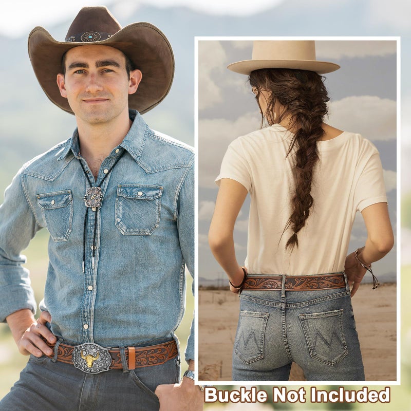 SANSTHS 2 Pack Western Belts for Men without Buckle, Cowboy Belt for Buckle Western Leather Belt Straps for Jeans, Black & Brown - Image 2