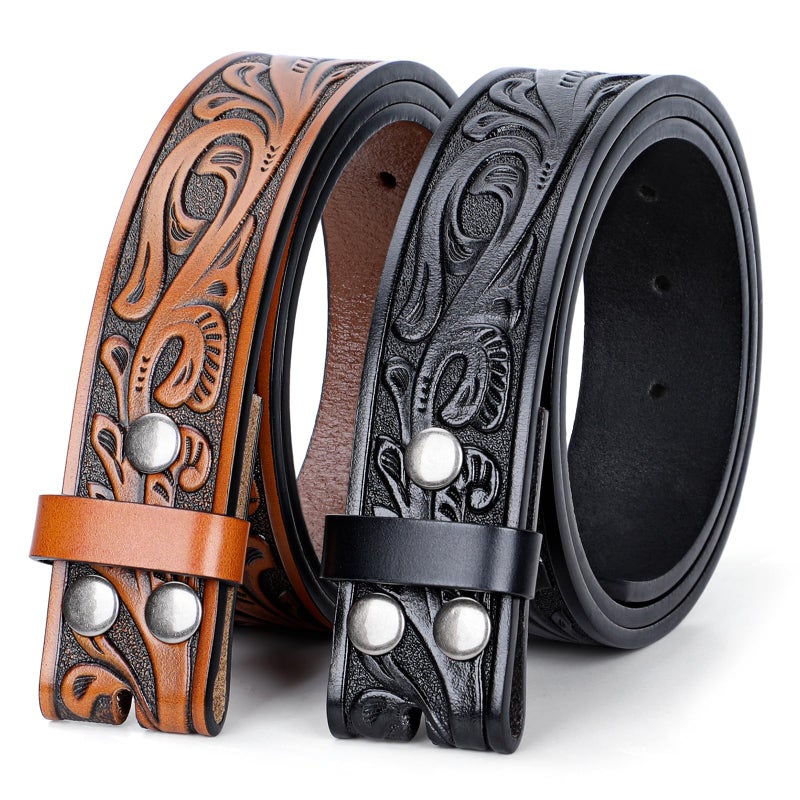 SANSTHS 2 Pack Western Belts for Men without Buckle, Cowboy Belt for Buckle Western Leather Belt Straps for Jeans, Black & Brown - Image 1