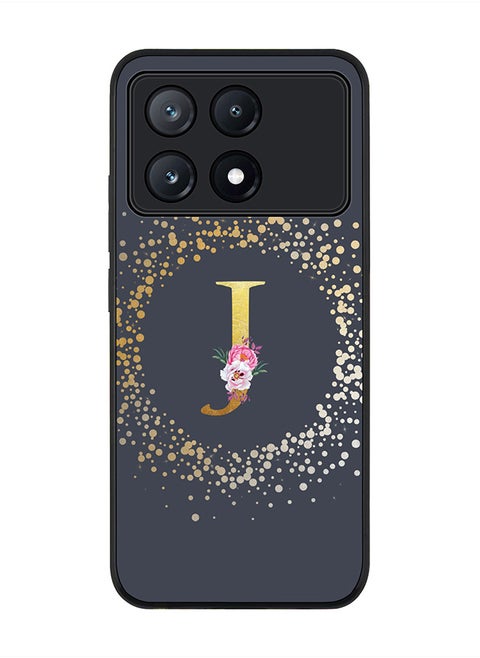 Rugged Black Edge Case for Xiaomi Poco X6 Pro, Slim fit Case Thin Cover- Custom Monogram Initial Letter Floral Pattern Alphabet - J  (Grey)