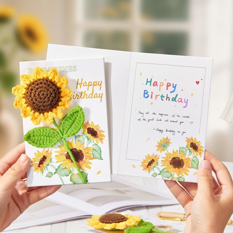 Ovesmusl Birthday Card for Women Handmade Crochet Sunflower for Her Birthday Gifts Happy Birthday Cards with Knitted Flowers for Girls, Friends - Image 2