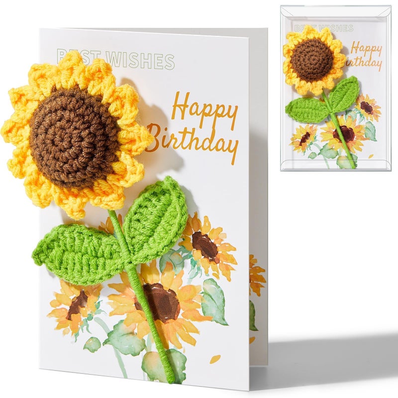 Ovesmusl Birthday Card for Women Handmade Crochet Sunflower for Her Birthday Gifts Happy Birthday Cards with Knitted Flowers for Girls, Friends - Image 1