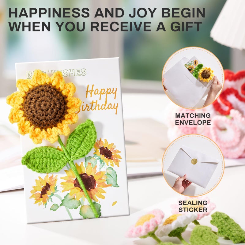 Ovesmusl Birthday Card for Women Handmade Crochet Sunflower for Her Birthday Gifts Happy Birthday Cards with Knitted Flowers for Girls, Friends - Image 3
