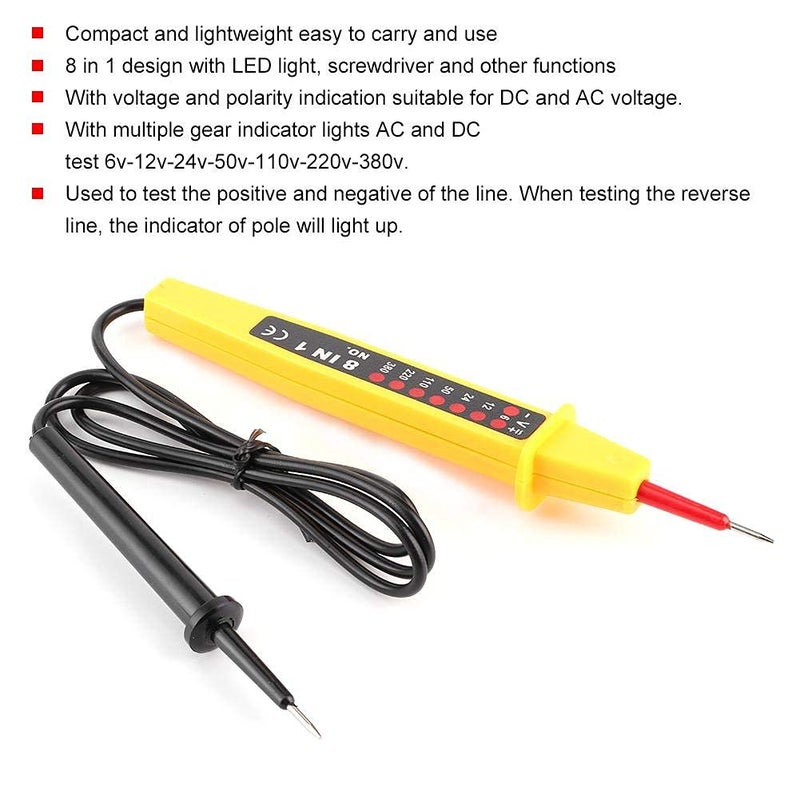 Derovan* 8‑in‑1 Voltage Test Pen (6–380 V AC/DC) — with 80 cm Coiled Lead, LED Polarity Indicators & Diagnostic Suite - Image 3