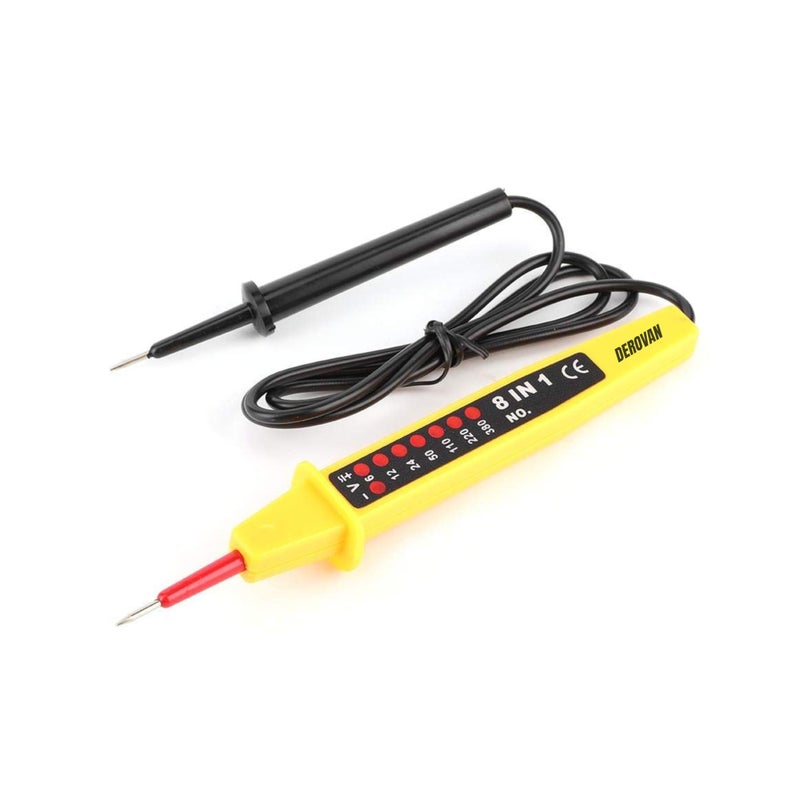 Derovan* 8‑in‑1 Voltage Test Pen (6–380 V AC/DC) — with 80 cm Coiled Lead, LED Polarity Indicators & Diagnostic Suite - Image 1