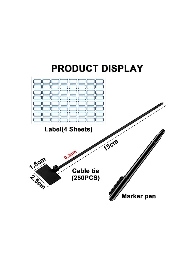 promass 250Pcs Black Nylon Cable Ties, Ubiree 6in Self-Locking Plastic Straps Label Mark Tag with 272Pcs Tags 1Pcs Marker Pens for Home and Office Use, Heavy Duty Cable Ties Cable Labels Wire Ties - Image 2