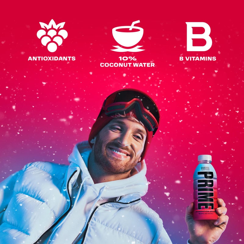 PRIME Hydration CHERRY FREEZE, Sports Drinks, Electrolyte Enhanced for Replenishing Fluids, 250mg BCAAs, B Vitamins, Antioxidants, Low Sugar, 16.9 Fl Oz, 12 Pack - Image 3