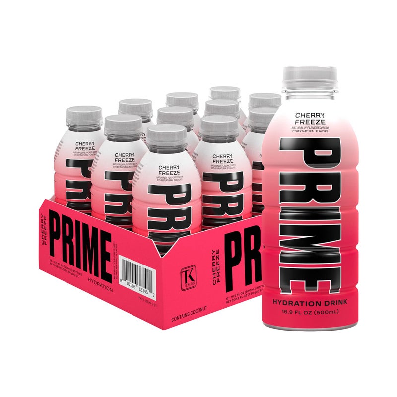 PRIME Hydration CHERRY FREEZE, Sports Drinks, Electrolyte Enhanced for Replenishing Fluids, 250mg BCAAs, B Vitamins, Antioxidants, Low Sugar, 16.9 Fl Oz, 12 Pack - Image 1