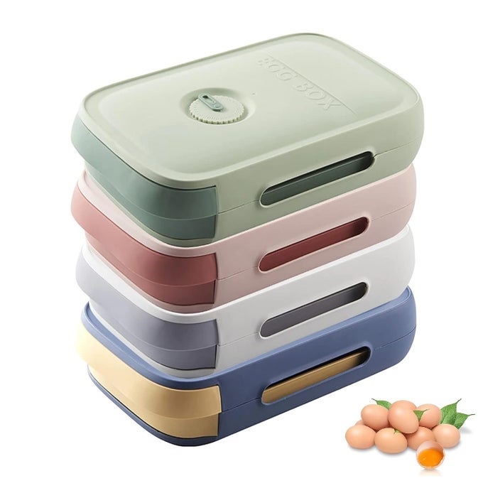 ANTICOLLISION EGG DRAG REFRIGERATOR TAP COVER CRISPER EGG STORAGE CONTAINER WITH PULL OUT TRAY FRESHKEEPING AUTO SCROLLING STACKABLE DUMPLING HOLDER 18 GRID EGG CASE MULTI COLOR WHITE