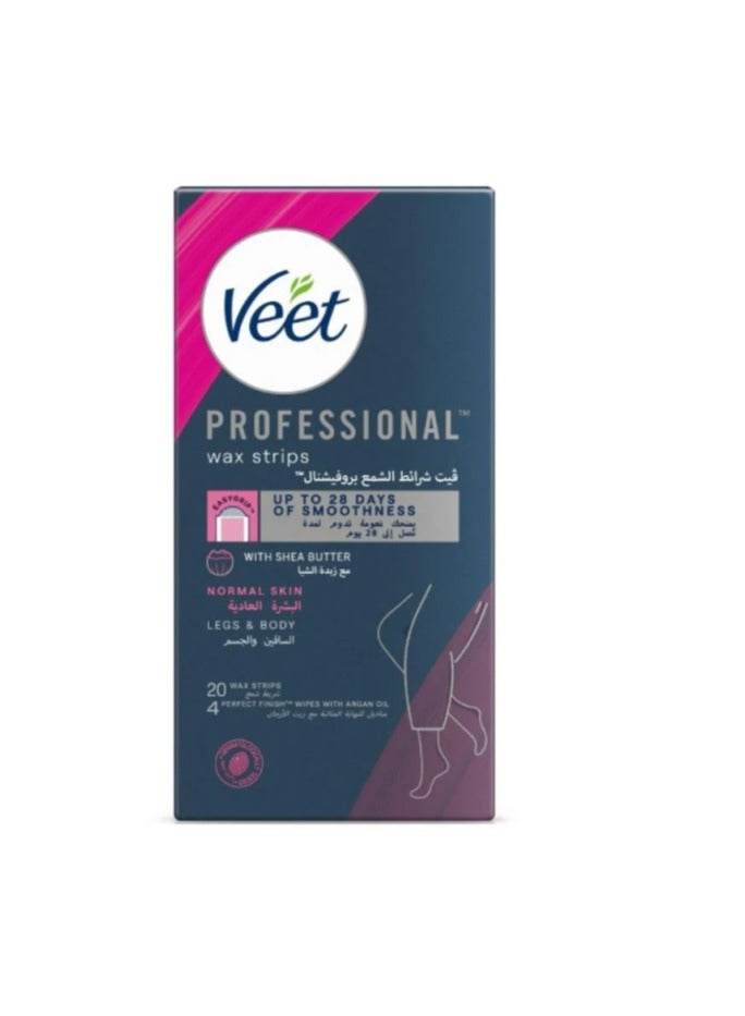 Veet Professional Wax Strips with Shea Butter , Normal Skin , Legs & Body 20 wax strips & 4 Perfect Finish Wiper with Argan Oil - Image 1