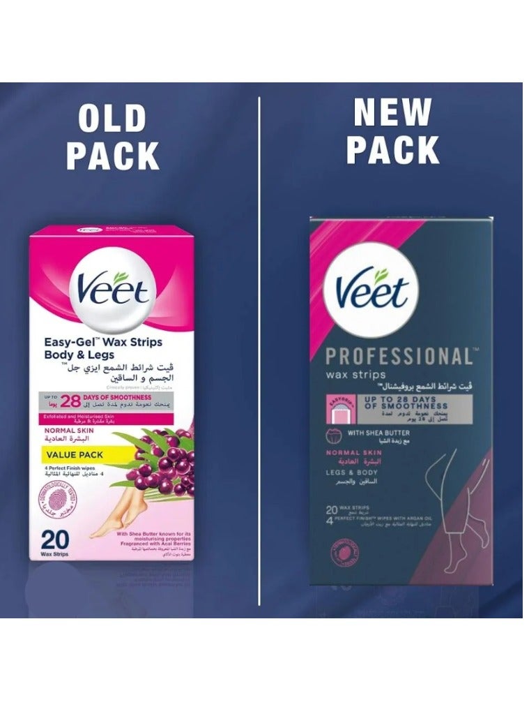 Veet Professional Wax Strips with Shea Butter , Normal Skin , Legs & Body 20 wax strips & 4 Perfect Finish Wiper with Argan Oil - Image 2