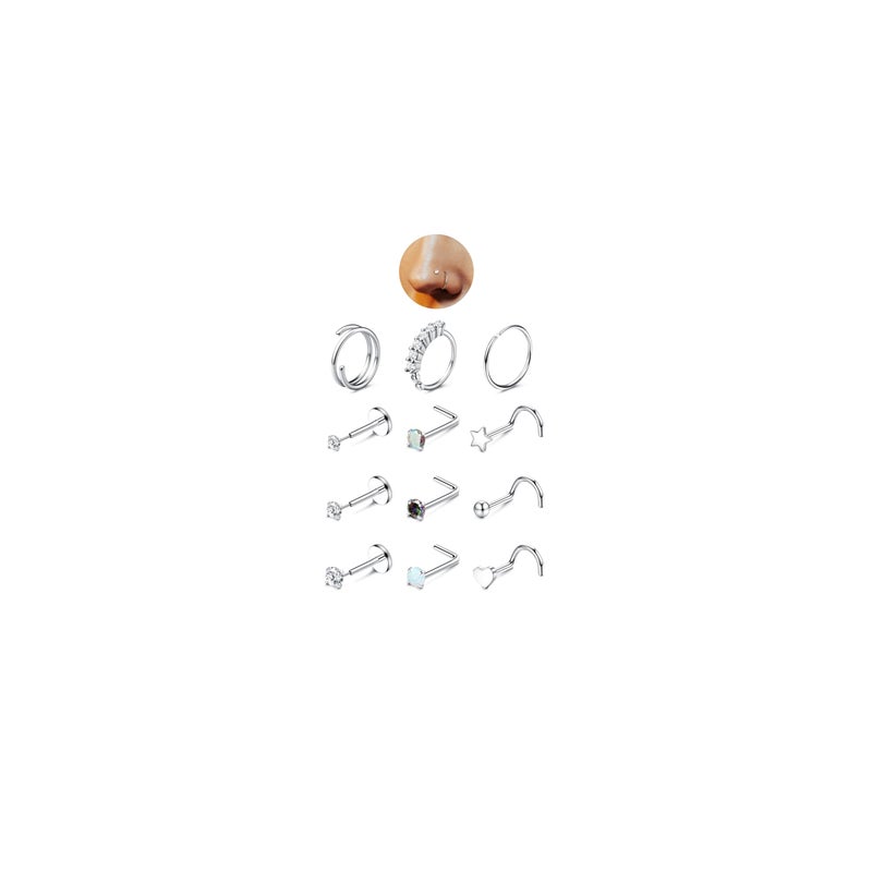 JeryWe Nose Rings for Women - 14K Gold Filled Hypoallergenic Surgical Steel Nose Ring Hoops CZ Lip Ring Screw L Shaped Studs Threadless Flat Back Stud Nose Piercings Jewelry for Women Men AB CZ Steel - Image 1