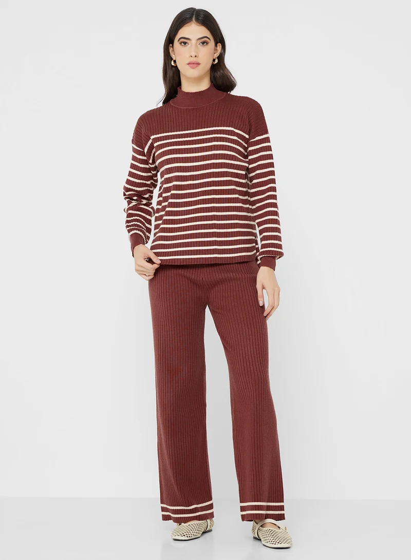 جينجر بيسيكس High Neck Relaxed Fit Stripe Sweater & Pant Set