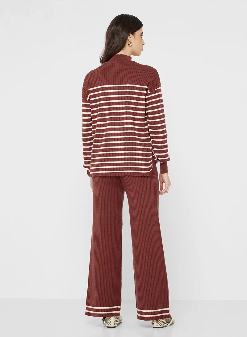 جينجر بيسيكس High Neck Relaxed Fit Stripe Sweater & Pant Set