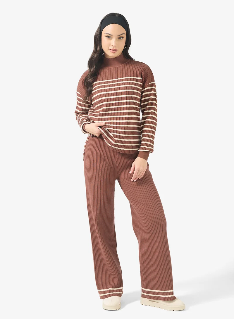 High Neck Relaxed Fit Stripe Sweater & Pant Set