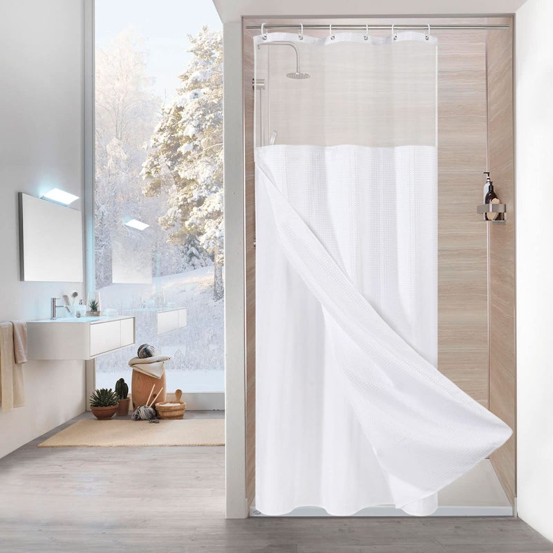 MitoVilla White Small Stall Shower Curtain 36 x 72 Narrow Half Size Waffle Weave Fabric Shower Curtain Set with WaterRepellent Snapin Liner for Modern Neutral Hotel Bathroom Decor