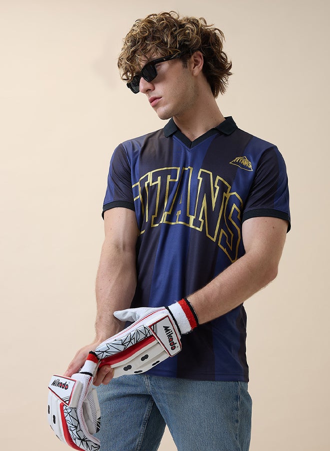 FanCode Men Navy Blue Typography Printed Half Sleeves Polo Collar Polyester T-Shirt  - Image 1
