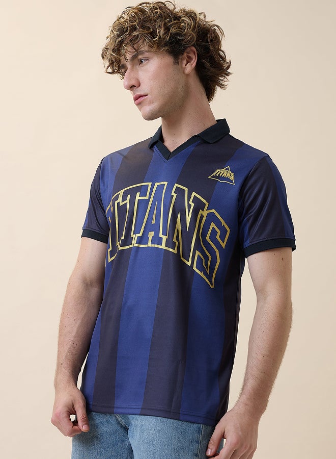 FanCode Men Navy Blue Typography Printed Half Sleeves Polo Collar Polyester T-Shirt  - Image 3