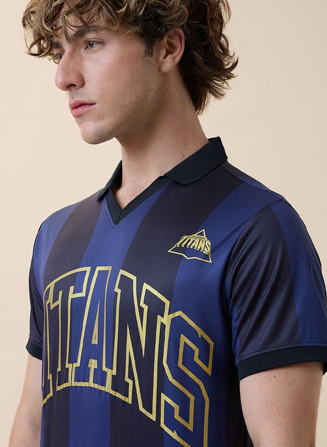 FanCode Men Navy Blue Typography Printed Half Sleeves Polo Collar Polyester T-Shirt  - Image 4