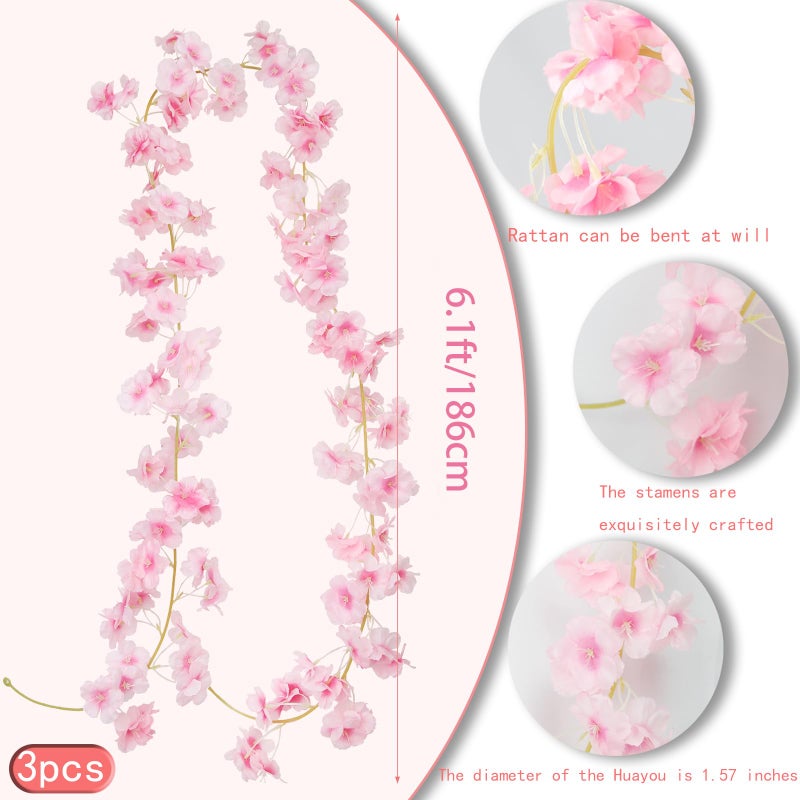 Cityes 3 Pcs Artificial Cherry Blossom Flower Vines Cherry Blossom Garland 18.48 Ft Hanging Silk Flowers Vines Fake Flower Garland Outdoors For Home Wedding Garden Party Arch Office Decor Pink - Image 2