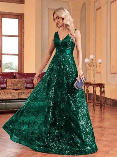 XUIBOL Sleeveless Glitter Sequined Womens Long Formal Gown Aline Prom Dress for Anchorwoman Floor Length Evening Dress Emerald Green XL - Image 3