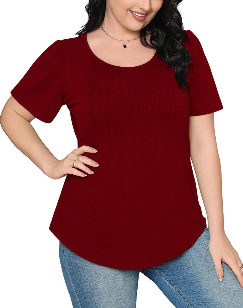 OFEEFAN Plus Size Tops for Women 2XL Short Sleeve Valentine's Day Shirts Trendy Pleats Summer T Shirts Women Blouses Wine Red - Image 4