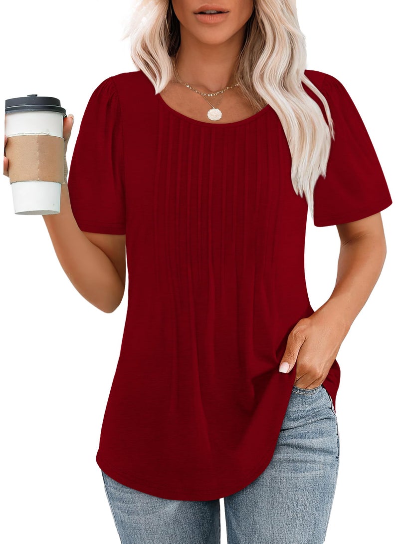 OFEEFAN Plus Size Tops for Women 2XL Short Sleeve Valentine's Day Shirts Trendy Pleats Summer T Shirts Women Blouses Wine Red - Image 1