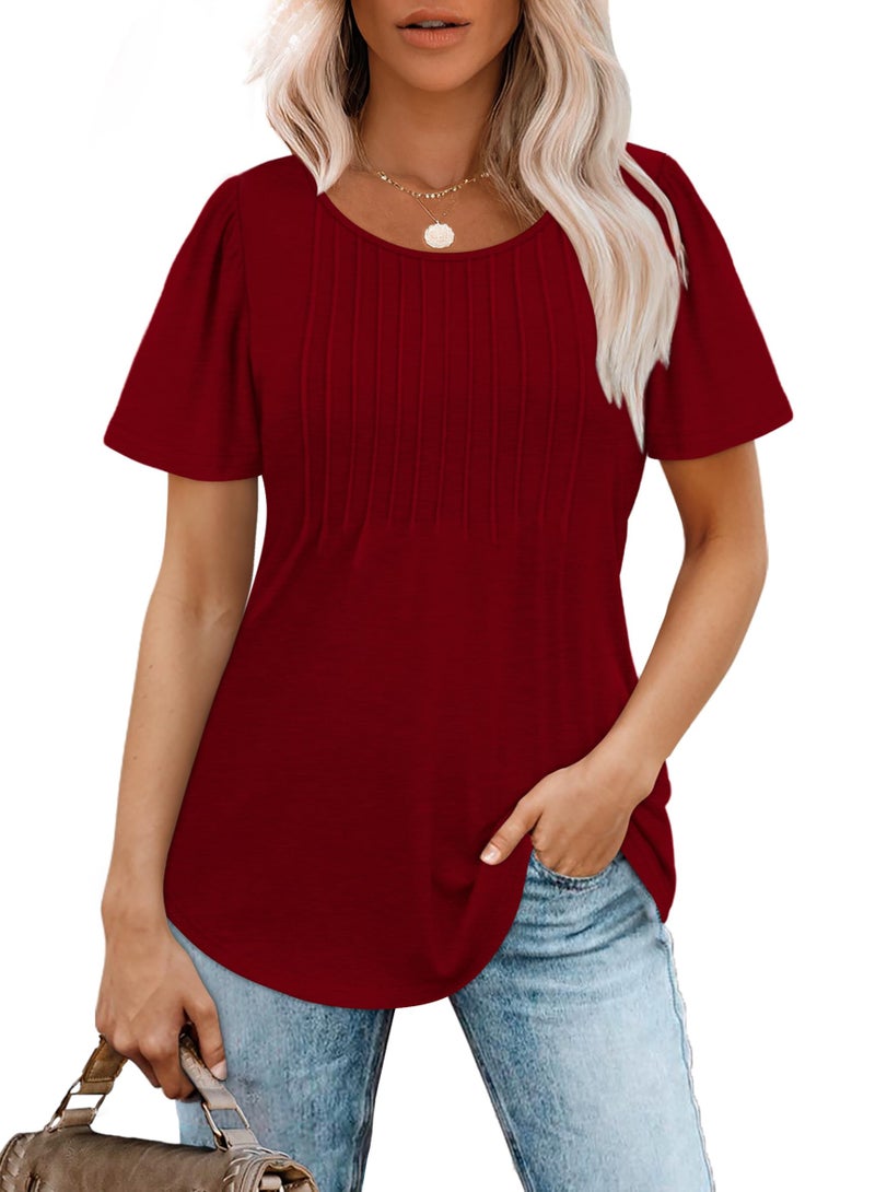 OFEEFAN Plus Size Tops for Women 2XL Short Sleeve Valentine's Day Shirts Trendy Pleats Summer T Shirts Women Blouses Wine Red - Image 2