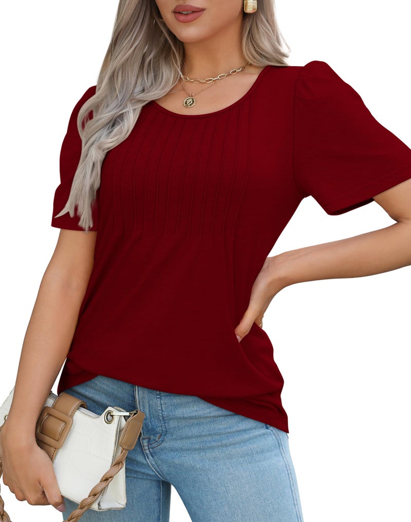 OFEEFAN Plus Size Tops for Women 2XL Short Sleeve Valentine's Day Shirts Trendy Pleats Summer T Shirts Women Blouses Wine Red - Image 3