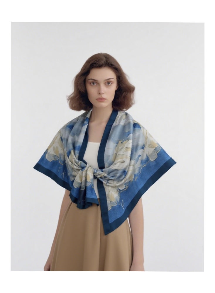 Zeemey Women's blue floral large size silk scarf shawl, made of imitation silk material, smooth texture, fresh and elegant floral pattern, 90*180CM large size can be used as a shawl, suitable for a variety of dressing styles - Image 5