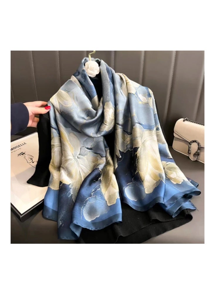 Zeemey Women's blue floral large size silk scarf shawl, made of imitation silk material, smooth texture, fresh and elegant floral pattern, 90*180CM large size can be used as a shawl, suitable for a variety of dressing styles - Image 2