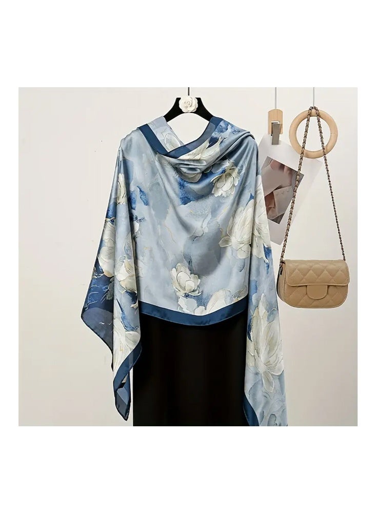 Zeemey Women's blue floral large size silk scarf shawl, made of imitation silk material, smooth texture, fresh and elegant floral pattern, 90*180CM large size can be used as a shawl, suitable for a variety of dressing styles - Image 4