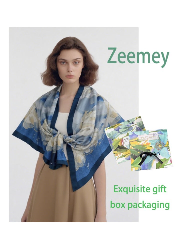 Zeemey Women's blue floral large size silk scarf shawl, made of imitation silk material, smooth texture, fresh and elegant floral pattern, 90*180CM large size can be used as a shawl, suitable for a variety of dressing styles - Image 1