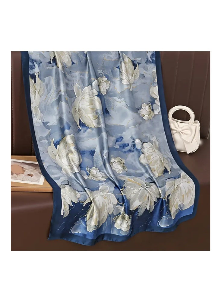 Zeemey Women's blue floral large size silk scarf shawl, made of imitation silk material, smooth texture, fresh and elegant floral pattern, 90*180CM large size can be used as a shawl, suitable for a variety of dressing styles - Image 3