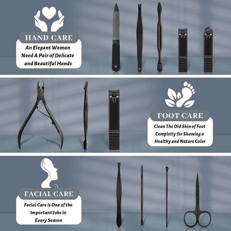 BLESWIN Manicure Set Nail Clipper Kit Pedicure Manicure Kit 12 In 1 Professional Pedicure Set Women Mens Personal Care Set with Travel Case Black - Image 2