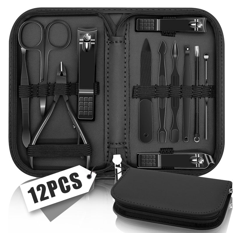 BLESWIN Manicure Set Nail Clipper Kit Pedicure Manicure Kit 12 In 1 Professional Pedicure Set Women Mens Personal Care Set with Travel Case Black - Image 1