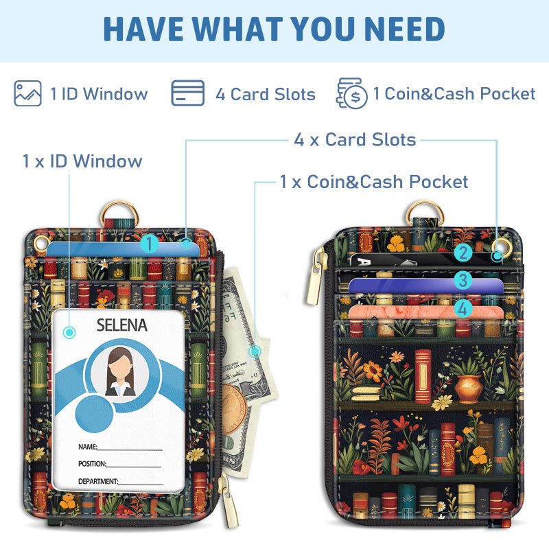 محفظة Piefly Plant Book Shelf Lanyard Wallet مع حامل شارة الهوية الأزهار الصغيرة RFID المحفظة النسائية سلسلة المفاتيح المعصم ضئيلة حامل بطاقة الائتمان مع سحاب جيب الهاتف الحبل المعصم حزام هدية المعلم مكتب - Image 3